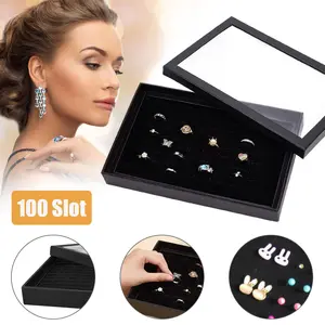 100 Slot Jewelry Ring Display Tray - Elegant Stackable Ring Storage Box,Large Capacity Jewelry Organizer with Clear Lid Dustproof Case,Gift for Studs Earrings