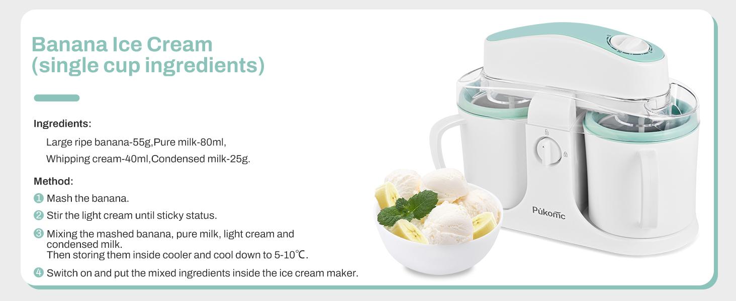 Pukomc Ice Cream Maker Machine for Home Use, with Two Ice Cream Bowls,Simple Operation and Easy to Clean,White Green