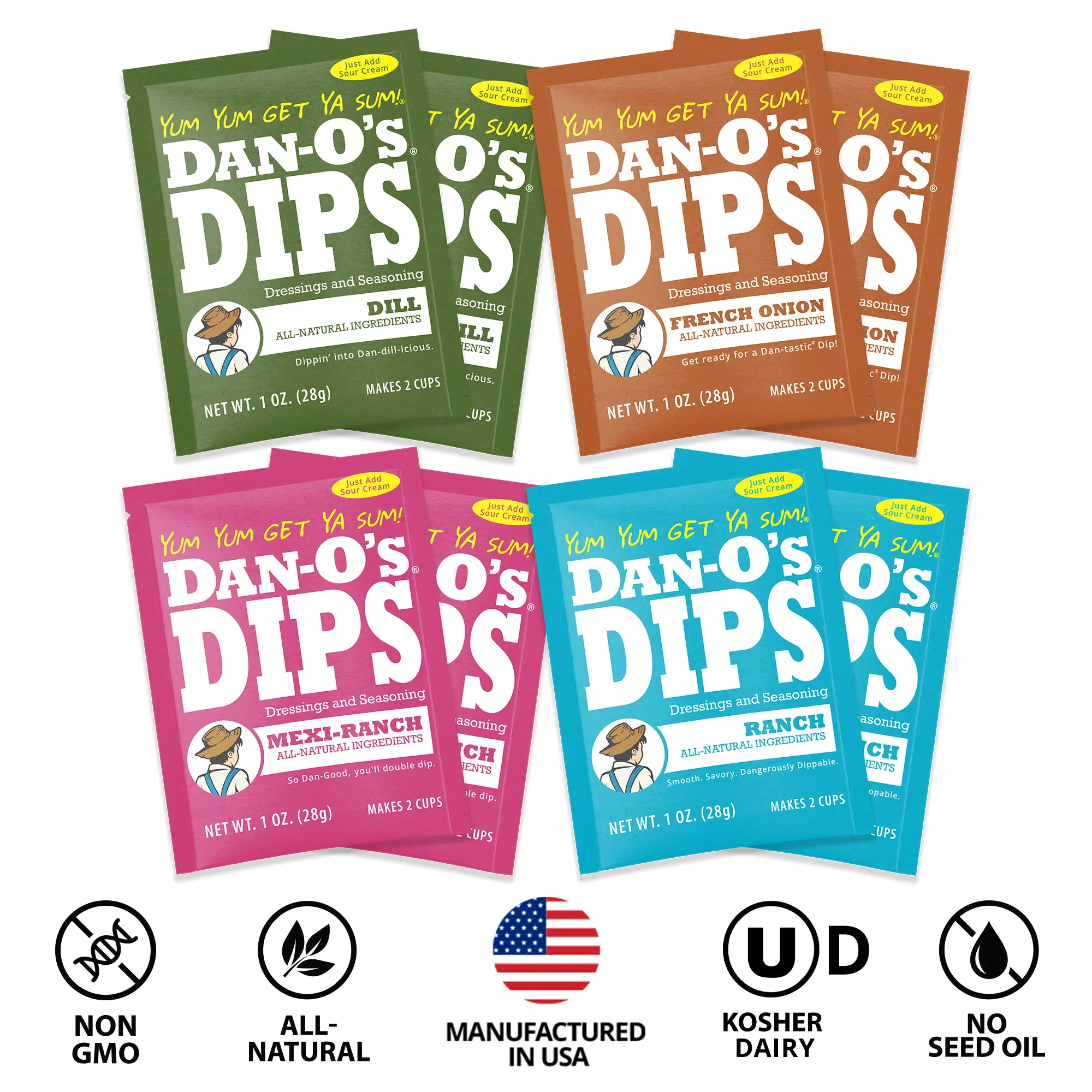 Dan-O's Dips Variety Pack - 8 Pack - Dill, French Onion, Ranch, and Mexi-Ranch (2 oz each)