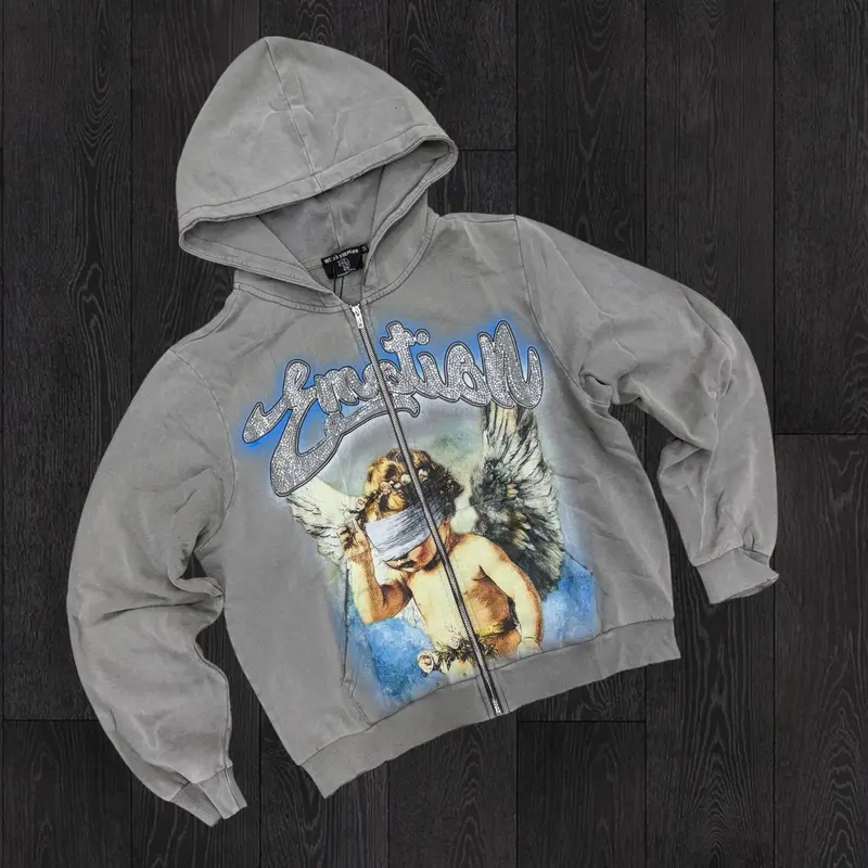 Mixed Emotion - Rhinestone Zip Hoodie - Vintage Wash Grey