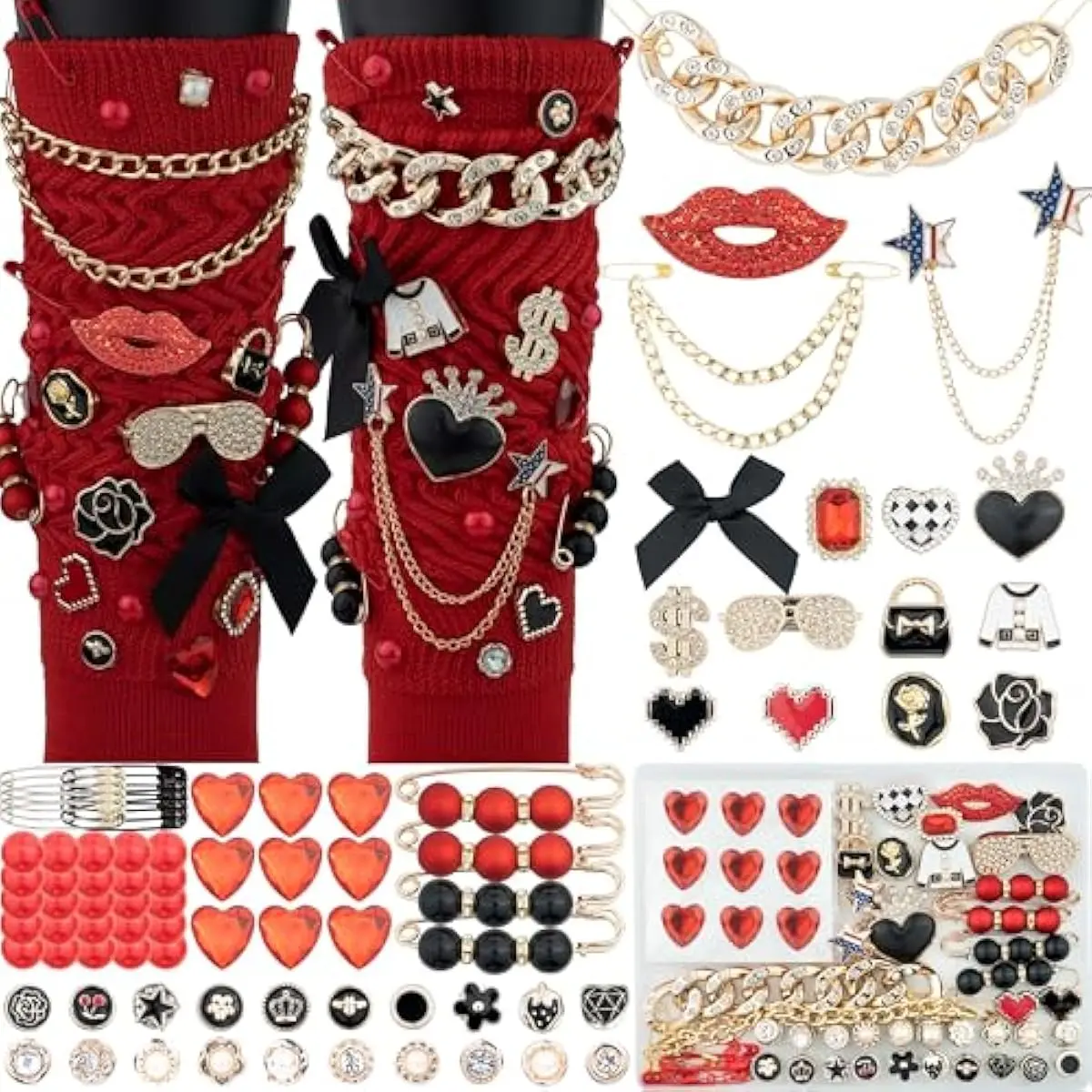 85 Pcs Junk Socks Charms Kit, Black and Red Charms for Socks, Brooches and Pins for Women, Shoe Charms with Bows, Sneakers DIY Kit with Pearls Rhinestones Chains