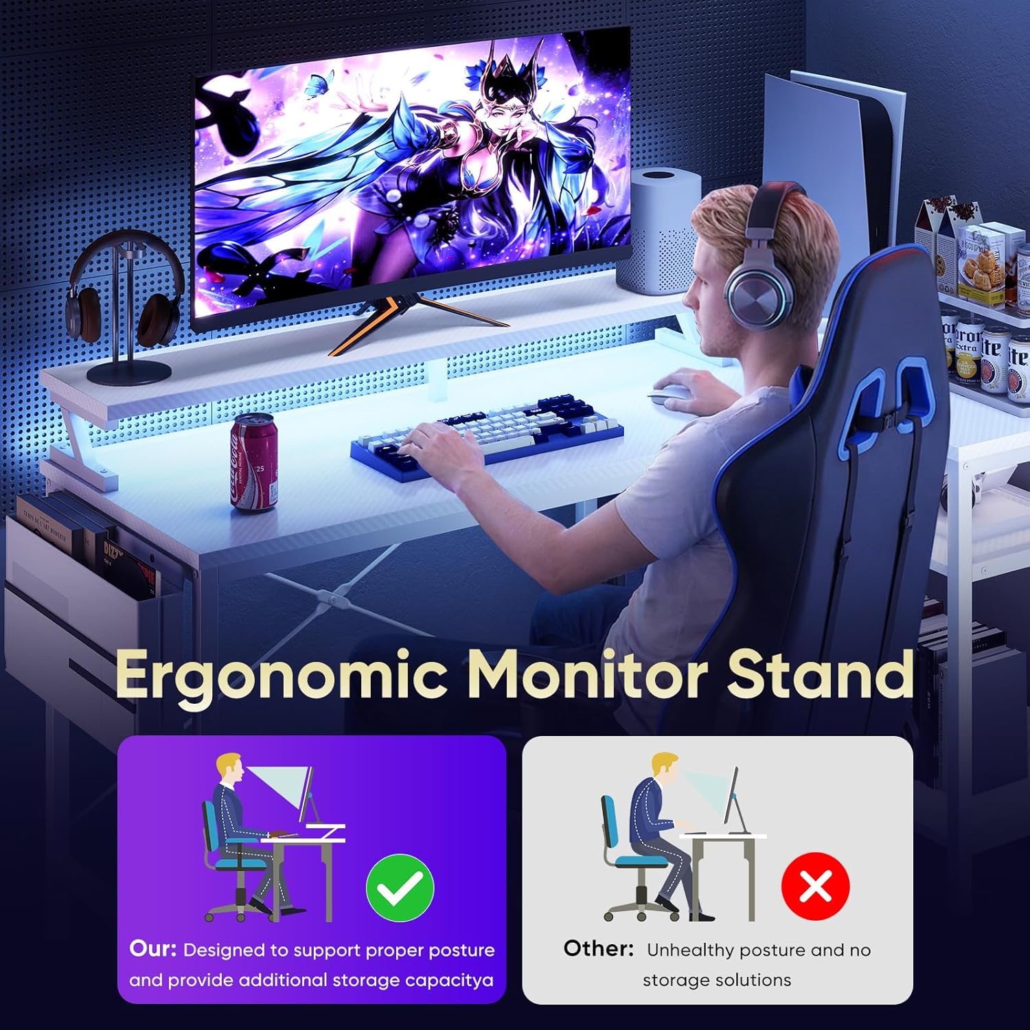 L Shaped Computer Desk with Power Outlets & USB Ports, 40"/48" Reversible Corner Desk with LED Lights, Storage Shelves & Monitor Stand for Home Office & Study, Black / White