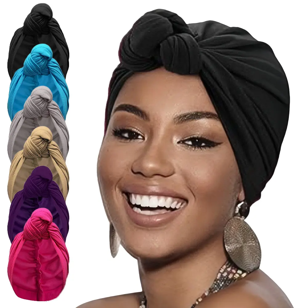 Women's Pre-Tied Solid Color Top-Knotted Turban Caps (5 Pairs) - Casual Unisex Indian Muslim Head Wraps, Fashion Accessory Beanies
