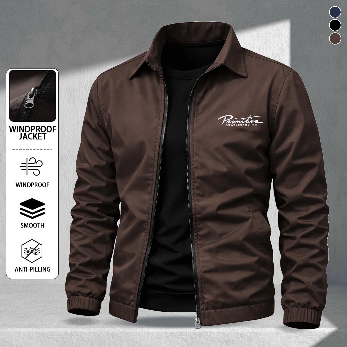 Men's stylish letter print collared jacket suitable for skin-friendly fabric, zipper design, street skateboard style, casual commuting wear, light business, sports, and simple jackets