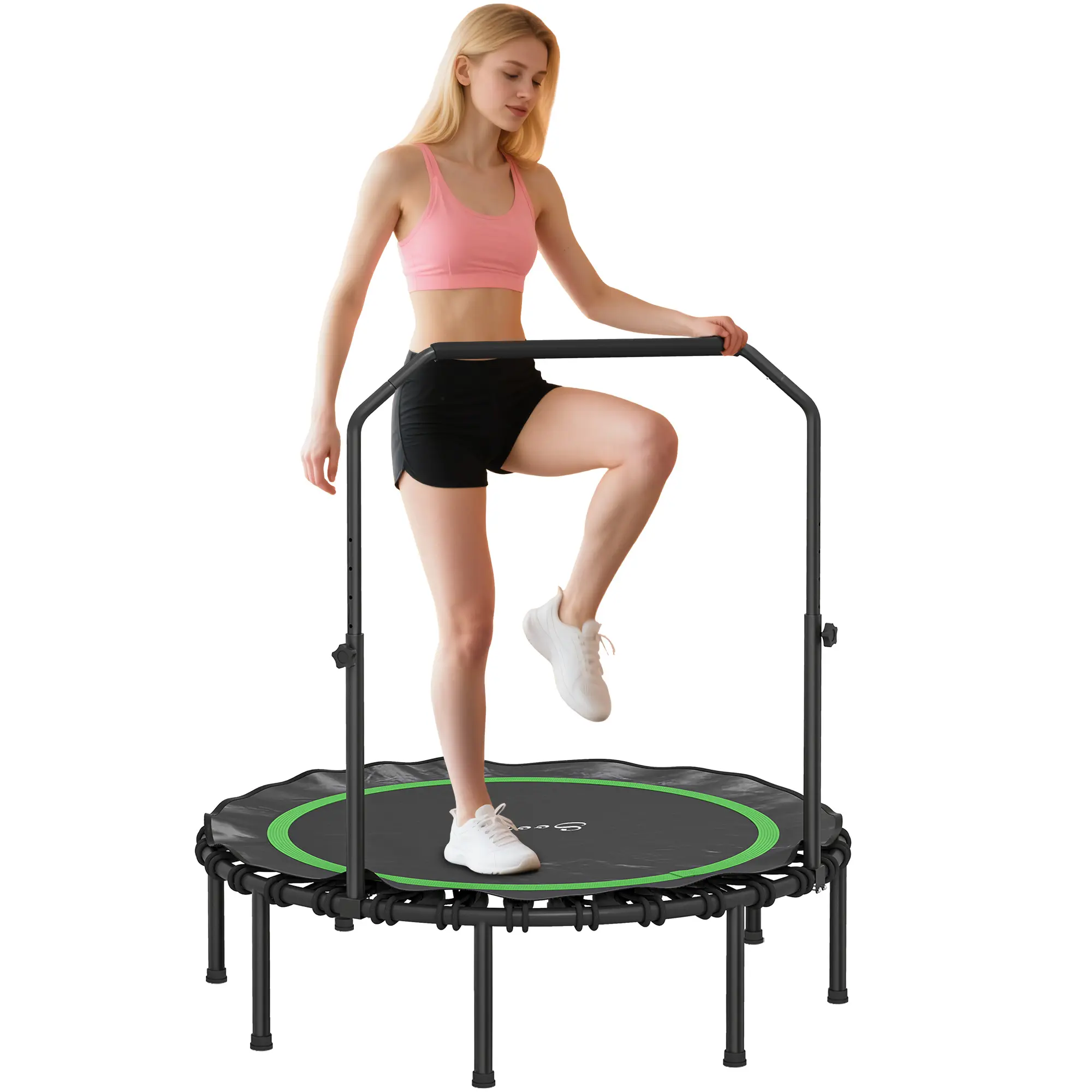 Soozier 48-Inch Exercise Trampoline with Adjustable Handle Bar, Foldable Steel Frame Rebounder for Adults, Quiet Trampoline Workout for Cardio Fitness & Joint Protection, Green, Home Gym