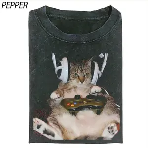 Funny Gamer Cat Shirt, Cat Gaming Graphic Tee, Gaming Meme T-Shirt, Retro Animal Gamer Shirt, Unisex Washed Tee, Trendy Unisex Gamer Gift Womenswear Top