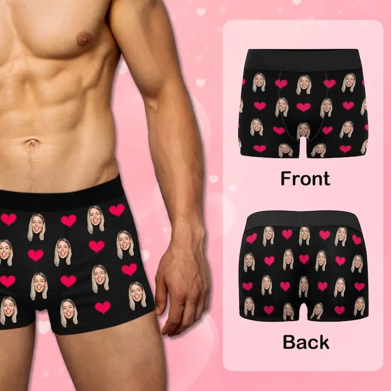 Custom Face Boxer Briefs – Personalized Photo Underwear, Valentines Day Gift for Boyfriend, Husband, or Couples
