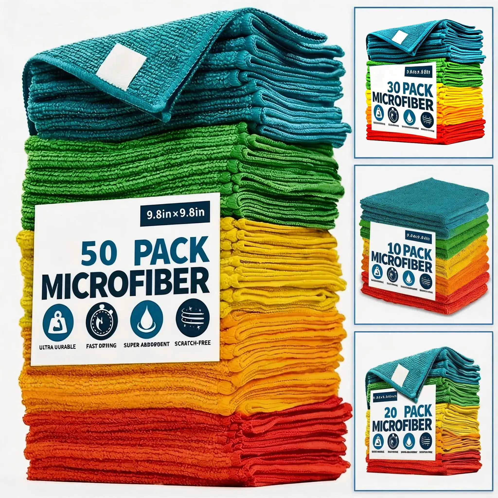 [Clearance Sale] Double-Layer Microfiber Cleaning Cloths - Reusable, Washable & Long-Lasting Household Essentials, Lint-Free, Scratch-Safe, Soft, Ultra-Absorbent, Quick-Dry, Assorted Colored, 9.84x9.84in Multiple Sets (10/20/30/50pcs) for Kitchen/Bath