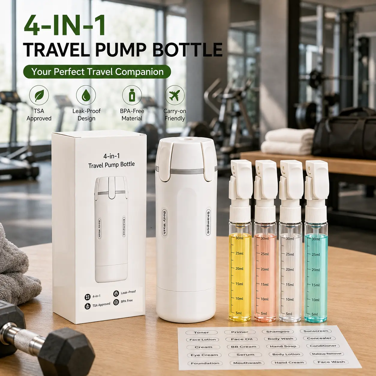4-in-1 TSA Approved Leak-Proof Refillable Travel Dispenser Bottles, Easy-Clean Squeezable Home Organizer Storage Containers for Shampoo, Conditioner, Lotion, Skincare, Ideal for Gym, Vacation, Daily Use