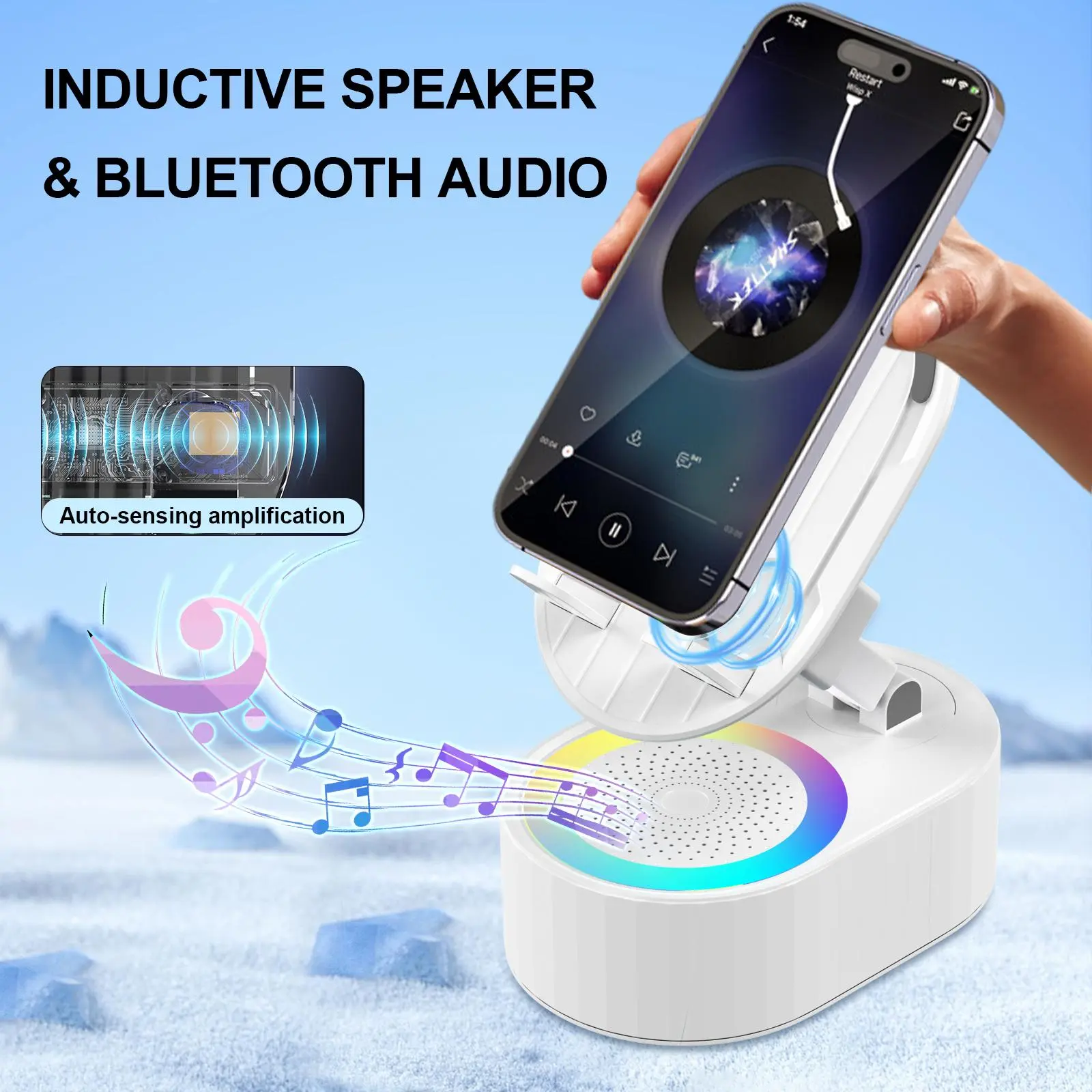 AKLLCCR 5-in-1 Cellphone Mount with Induction Charging, Bluetooth Speaker, Colorful Ambient Light & Power Bank, 5.3 HD Surround Subwoofer Sound, 300° Rotatable Foldable Lift, Non-Slip Base for Smartphones, Mobile Accessories