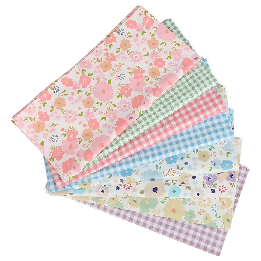 8-Piece 20x20 in Soft Cotton Floral/Checker Patterned Crafting Fabric Set Pack, Ideal for Sewing Doll Clothes and Home Decor Projects (for DIY Handmade Enthusiasts)