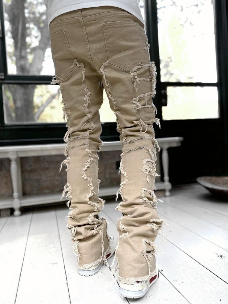 Men Stylish Vintage Khaki Stacked Spliced Slim Flared Jeans Pants Streetwear Hiphop Male Straight Biker Denim Trousers Men Stylish Vintage Khaki Stacked Spliced Slim Flared Jeans Pants Streetwear Hiphop Male Straight Biker Denim Trousers