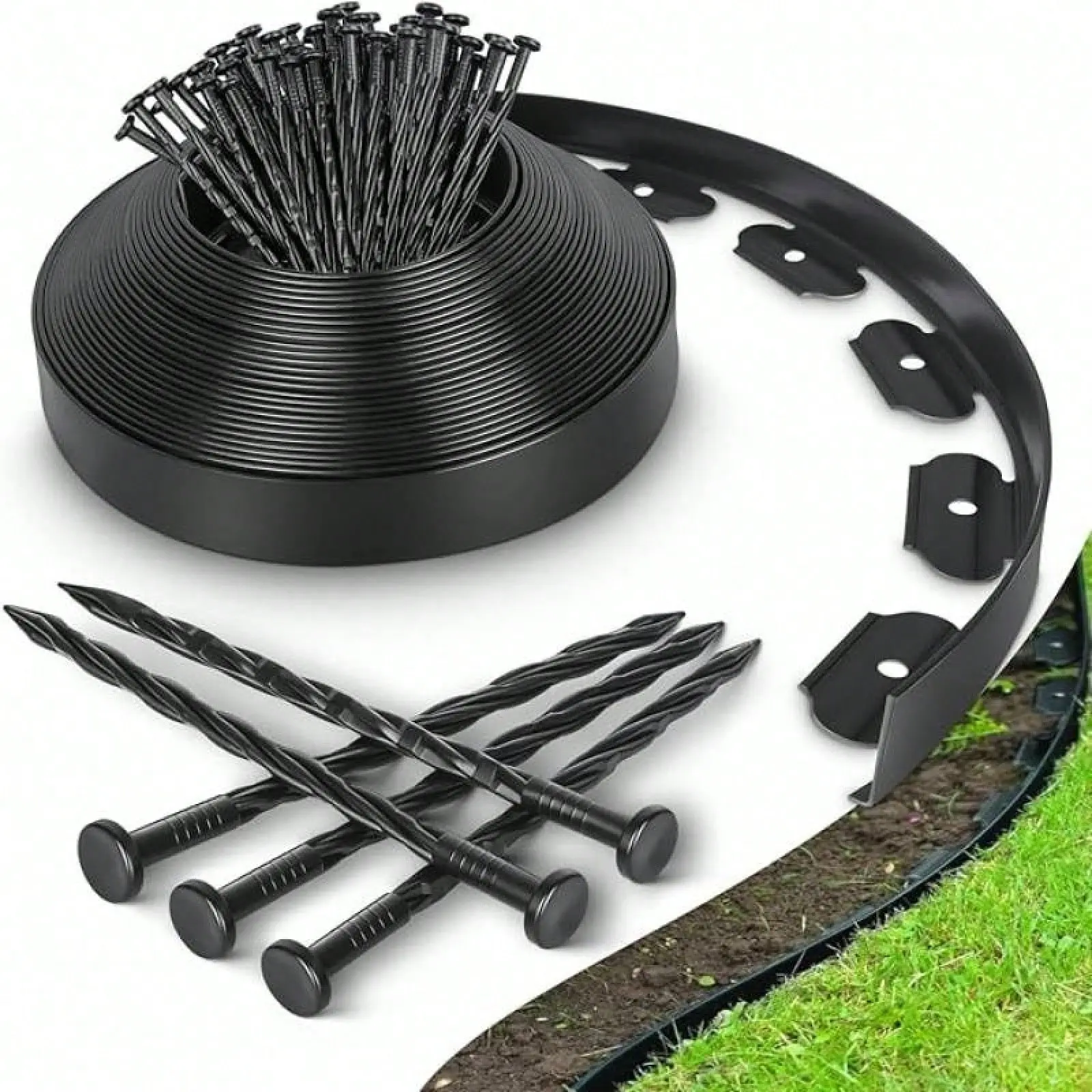 Plastic No-Dig Garden Landscaping Edging Strip Kit (78.7 ft x 2 in) with Fixing Pegs, Cut-to-Size, Easy to Install, Lawn Divider for Homeowners’ Patio, Walkway Projects
