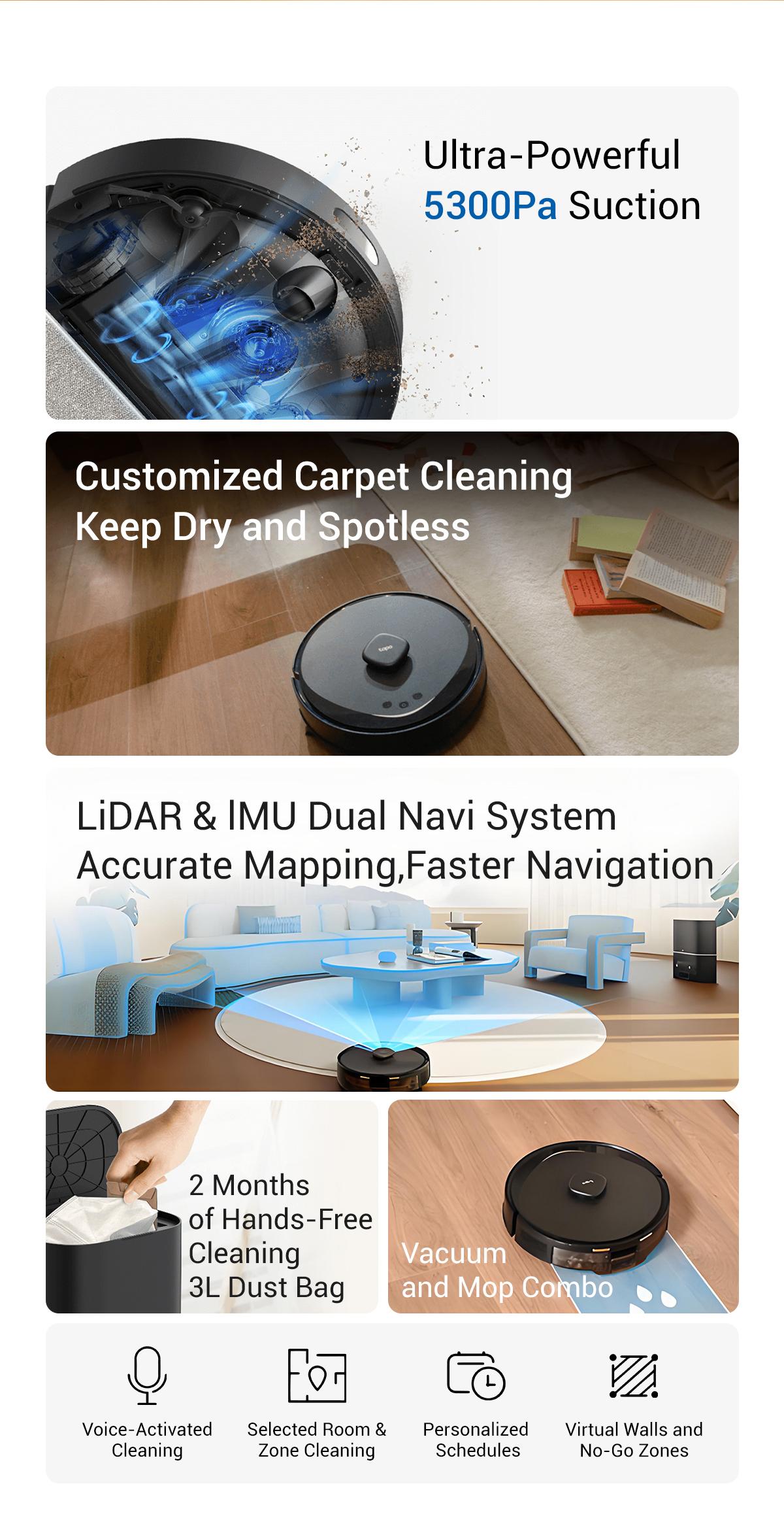 Tapo RV30 MAX Plus: LiDAR Robot Vacuum & Mop with Auto-Empty Dock, 5300Pa,Smart Mapping, Voice Control, 97%+ Dust Pickup, 3L Dust Bag, 2 Months Hands-Free Cleaning
