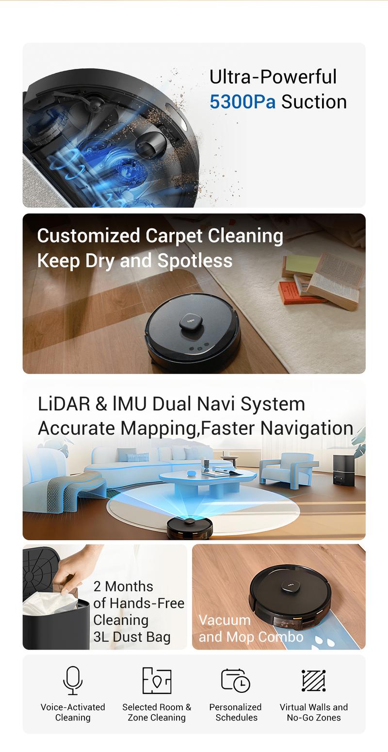 Tapo RV30 MAX Plus: LiDAR Robot Vacuum & Mop with Auto-Empty Dock, 5300Pa,Smart Mapping, Voice Control, 97%+ Dust Pickup, 3L Dust Bag, 2 Months Hands-Free Cleaning