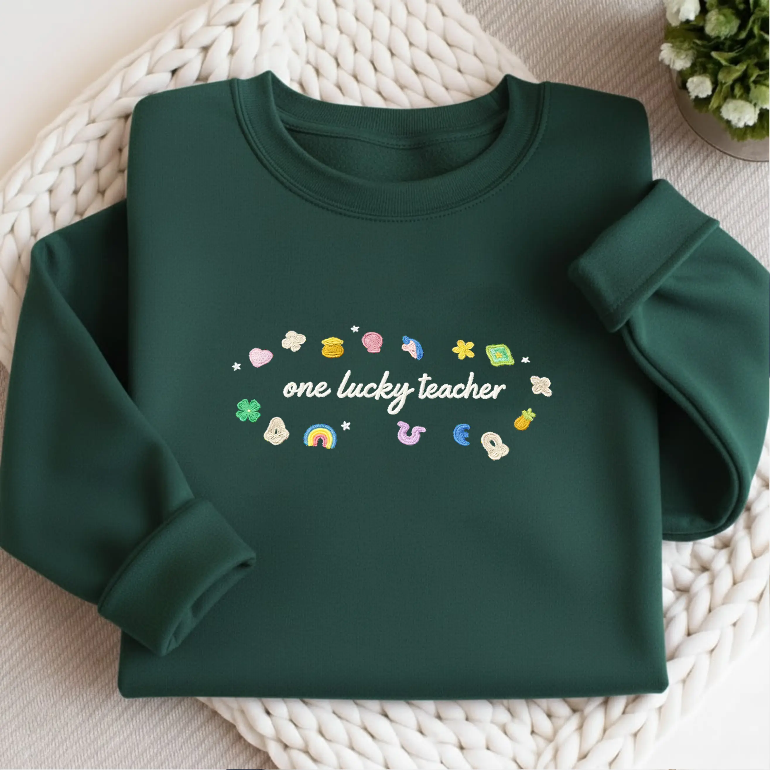 One Lucky Teacher Embroidered Sweatshirt - Cute Irish Design, Perfect for St. Patrick's Day - Trendy Gift Idea, Embroidered Lucky Charm Sweatshirt