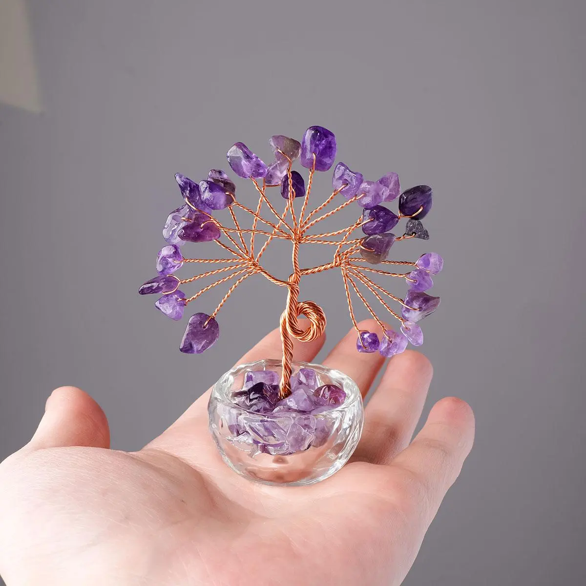 Natural Stone Amethyst 7 Chakra Healing Crystals Stones Tree Design Decorative Ornament, Chakra Energy Stone, Handmade Copper Wire Wrapped Home Office Room Feng Shui Decoration, Unique Crystals Crystal Ornaments