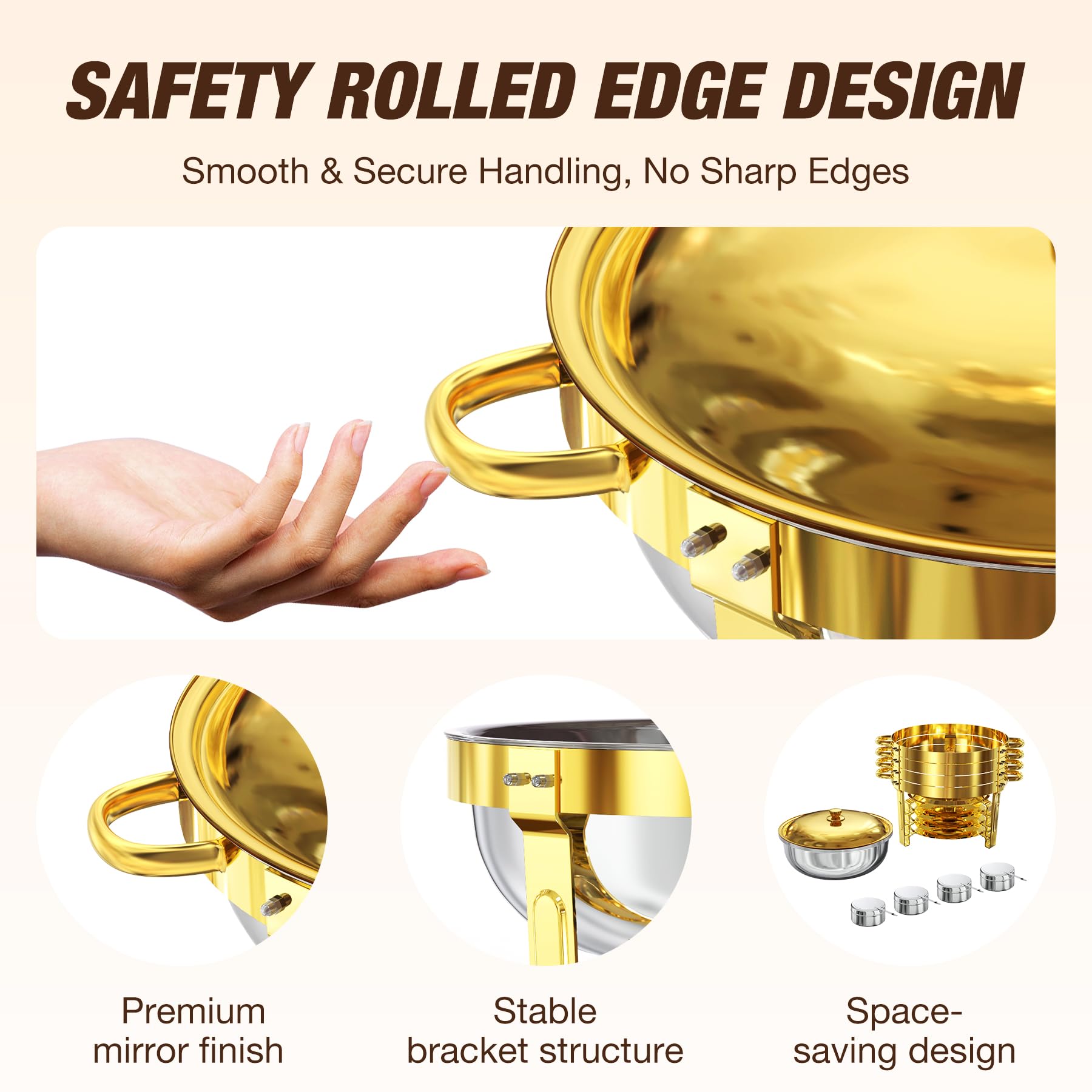 WARMOUNTS Gold Chafing Dishes for Buffet 5QT, Round Stainless Steel Chafer and Warmer Set with Lid Holder, Mirror-polished, Rolled Rim Process (No Finger Cuts), for Catering, Party, Wedding（2/4/6 Pack）