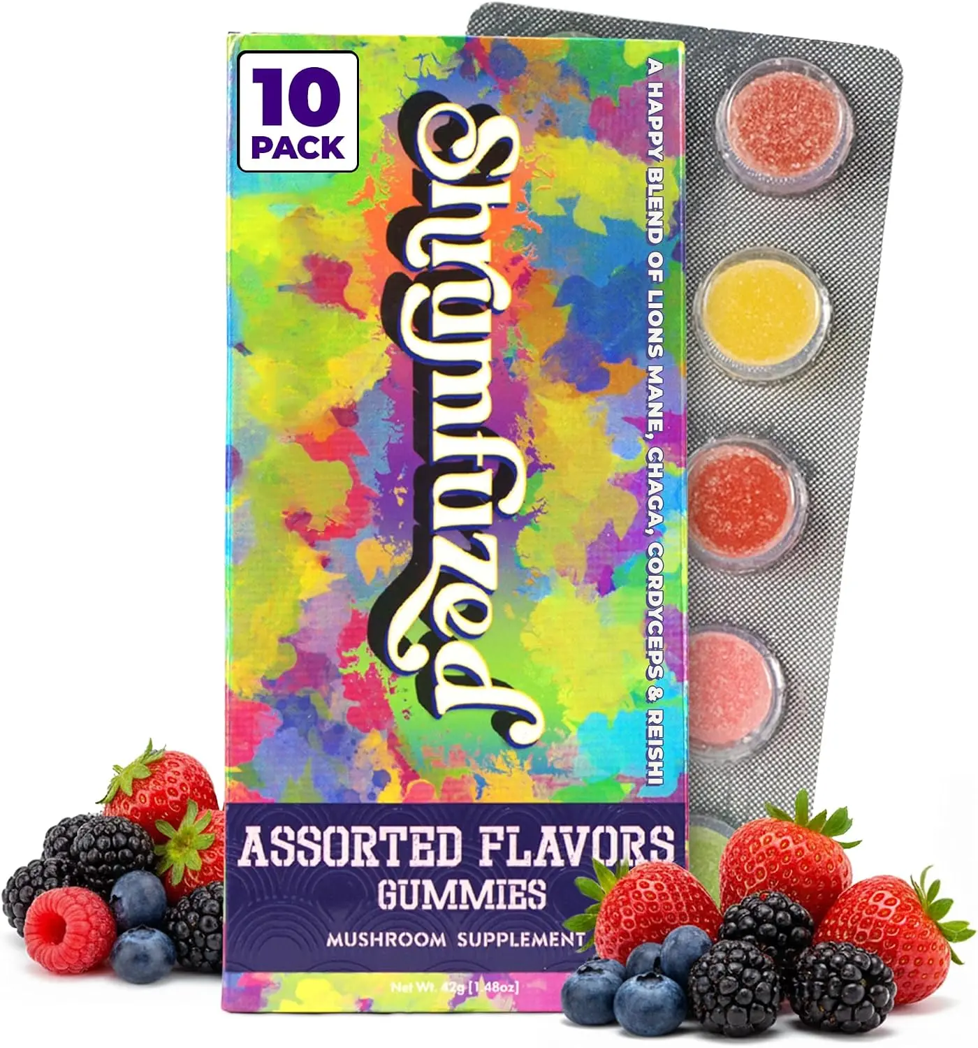 Shrumfuzed Assorted Mushroom Gummies, 10 Count, Lion’s Mane, Reishi, Cordyceps & Chaga