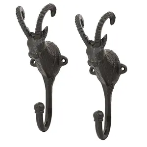 Sungmor Rustic Large Goat Head Wall Hooks - Set of 2 Heavy-Duty Cast Iron Animal Hooks, Decorative Hanging Coat Hanger for Entryway, Farmhouse Decor