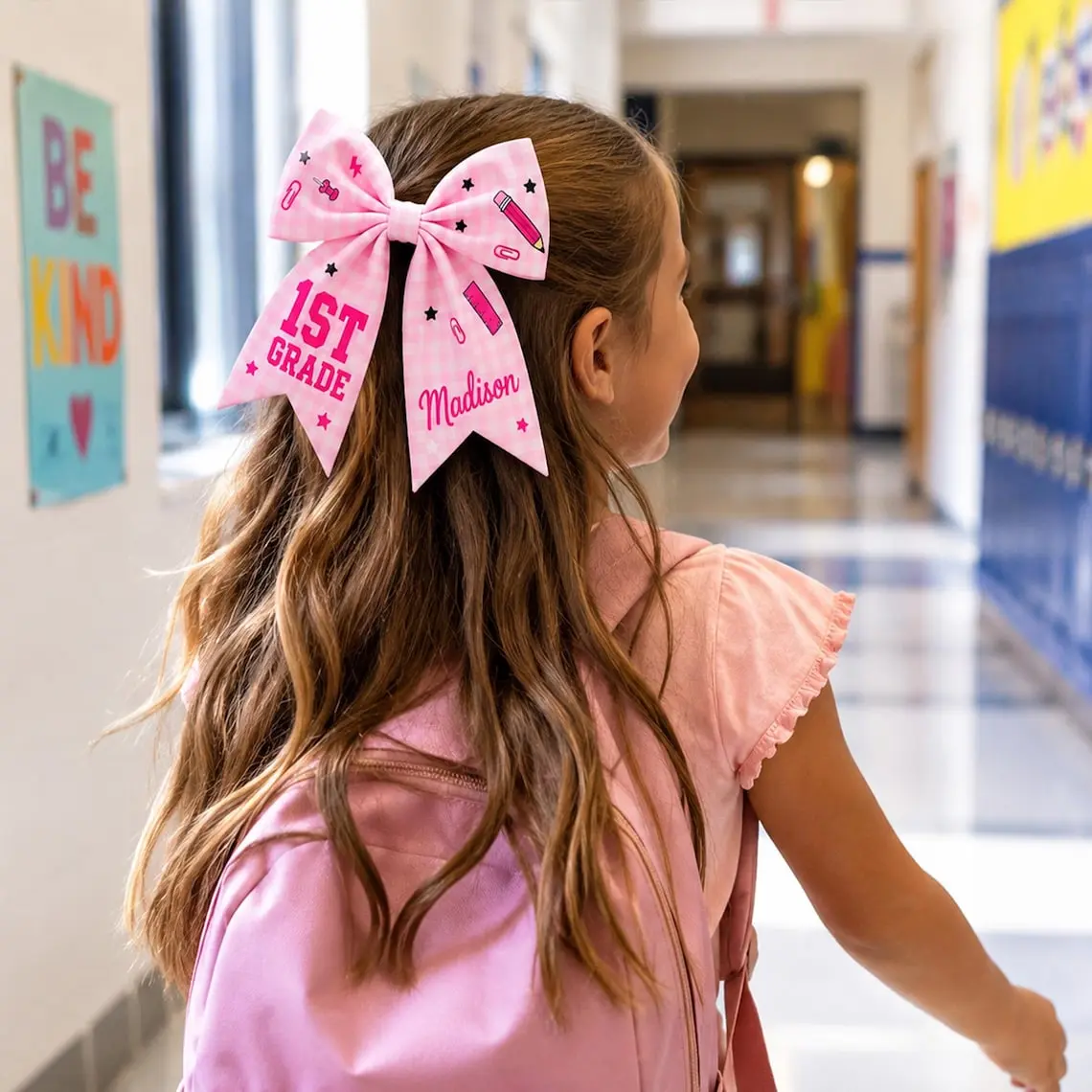 Custom Back to School Hair Bow, Personalized 1st Grade Name Bow for Girls, Color Gingham Pencil Cheer Bow, First Day of School Gift