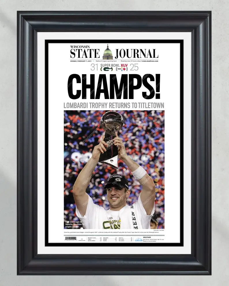2011 Aaron Rogers Green Bay Packers Super Bowl Champions No Frame Front Page Newspaper Print