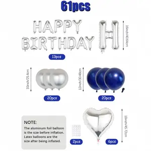 61PCS Silver & Blue Happy Birthday Balloon Decorations – 16" Foil Letter Balloons, Silver Heart Foil & Navy Blue Latex Balloons for Birthday Party Backdrop Decor