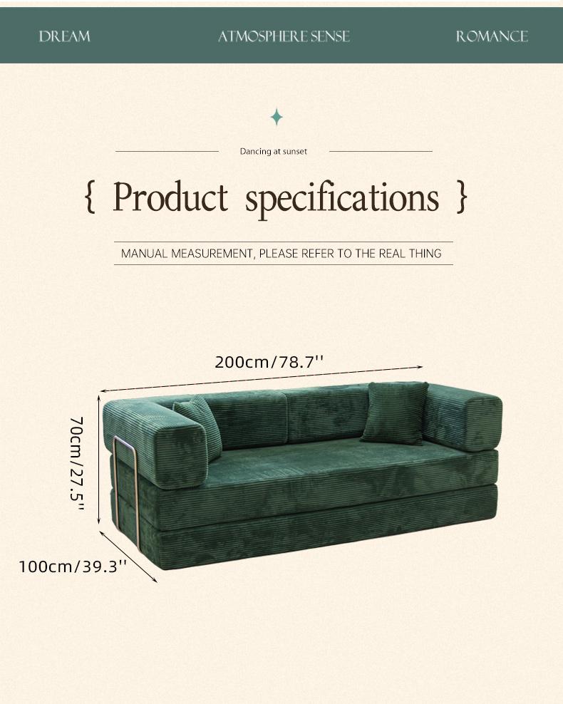 78.7'' Convertible Sleeper Sofa Bed with Cylindrical Pillow Corduroy Folding Mattress Couch Fixed-Shape Frame for Living Room Bedroom Studio Fully Assembled