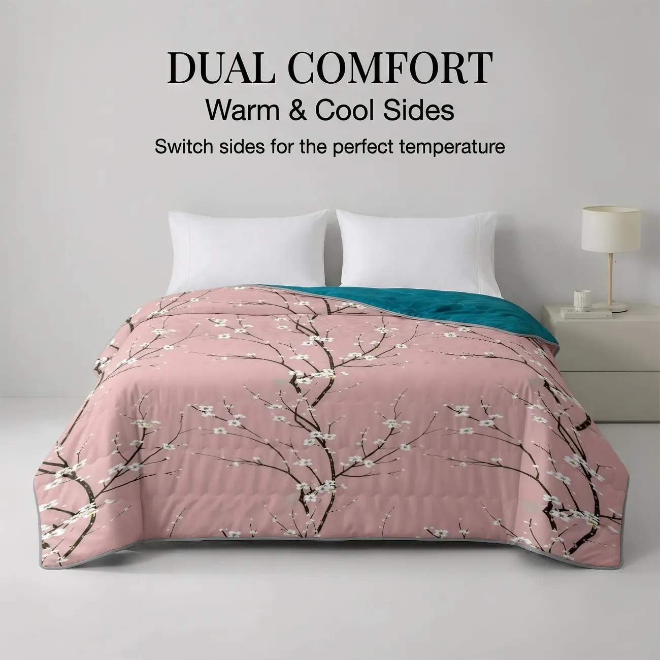 1pc Cherry Blossom Reversible Quilt, Dual Comfort Cool & Warm Sides Blanket, Lightweight Quilted Air Conditioner Comforter, All-Season Bed Cover for Home, Floral Quilt, Reversible Bedding