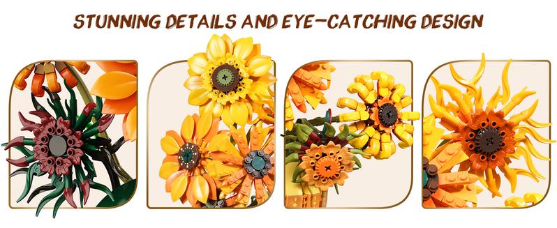 Sunflower Building Set with Lights Vase Base, Flowers Botanical Collection Building Block Home Decor, 1180PCS Art Flower Bouquet Bonsai Plant Building Kit Gift for Adults Teens Girls Boys 12+