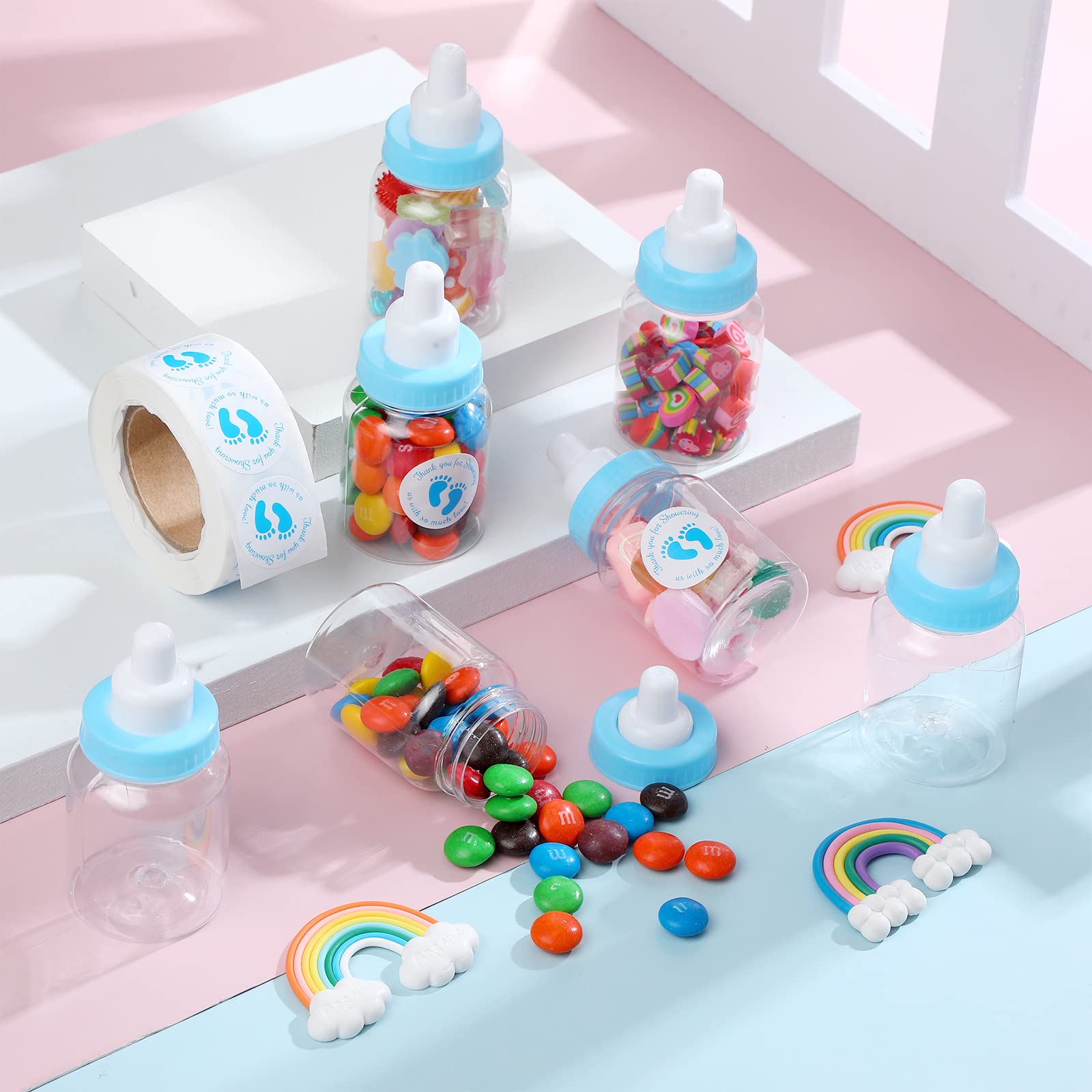 24/48 Pcs Baby Shower Prize Mini Baby Bottles Chug Plastic Milk Bottles Candy Baby Bottles with Thank You Showering Stickers and Bows Thank You Gifts for Guests,Birthday Party Baby Shower Favors Gift