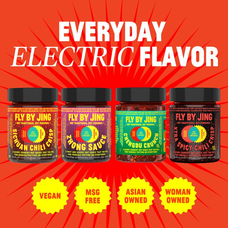 Fly By Jing Ultimate Hot Sauce Gift Box – Set of 6 with Sichuan Chili Crisp, Xtra Spicy, Sweet & Spicy, Xtra Crunchy, Chili Crisp Vinaigrette and Sichuan Gold Hot Sauce, Vegan & Non-GMO
