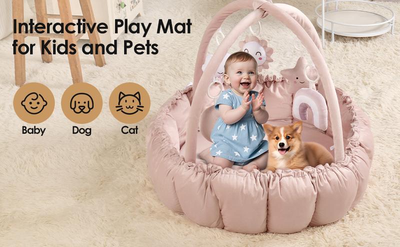 5-in-1 Convertible Baby Gym Play Mat with Hanging Toys, Soft Padded Baby Lounger & Ball Pit, Plush Tummy Time Mat for Newborns to Toddlers, Machine Washable, Gray/pink