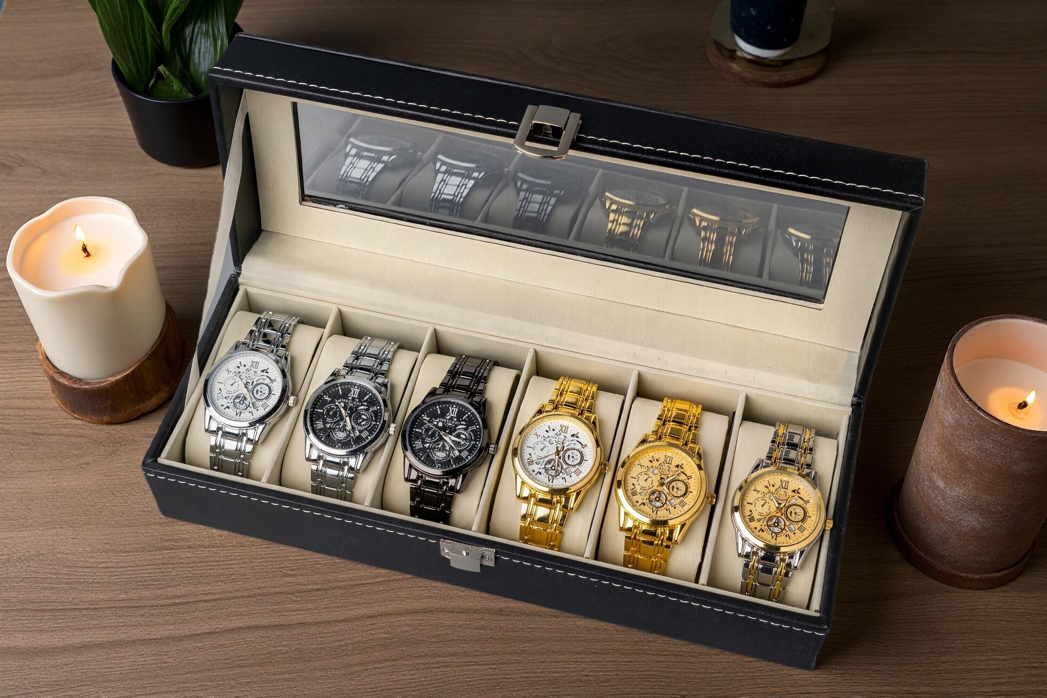 Valentine's Day 6 in 1 Men's Watch Set Iced Watches Dress Sport Casual Styles with Leather Box Perfect Gifts for Dad Husband 2025 New Release