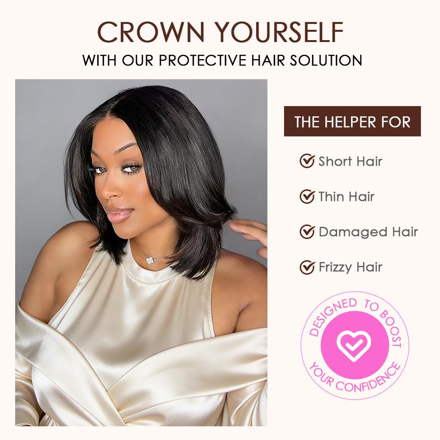 Pizazz Hair Glueless Layered Cut Yaki Straight Short Bob Wig with Drawstring 220% Density Pre-cut 5x5 HD Lace Human Hair Wigs with Bleached Knots Pre Plucked Natural Hairline