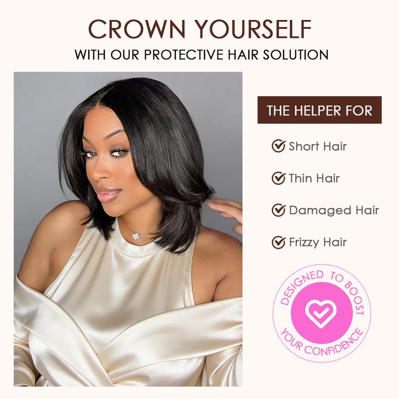 Pizazz Hair Glueless Layered Cut Yaki Straight Short Bob Wig with Drawstring 220% Density Pre-cut 5x5 HD Lace Human Hair Wigs with Bleached Knots Pre Plucked Natural Hairline