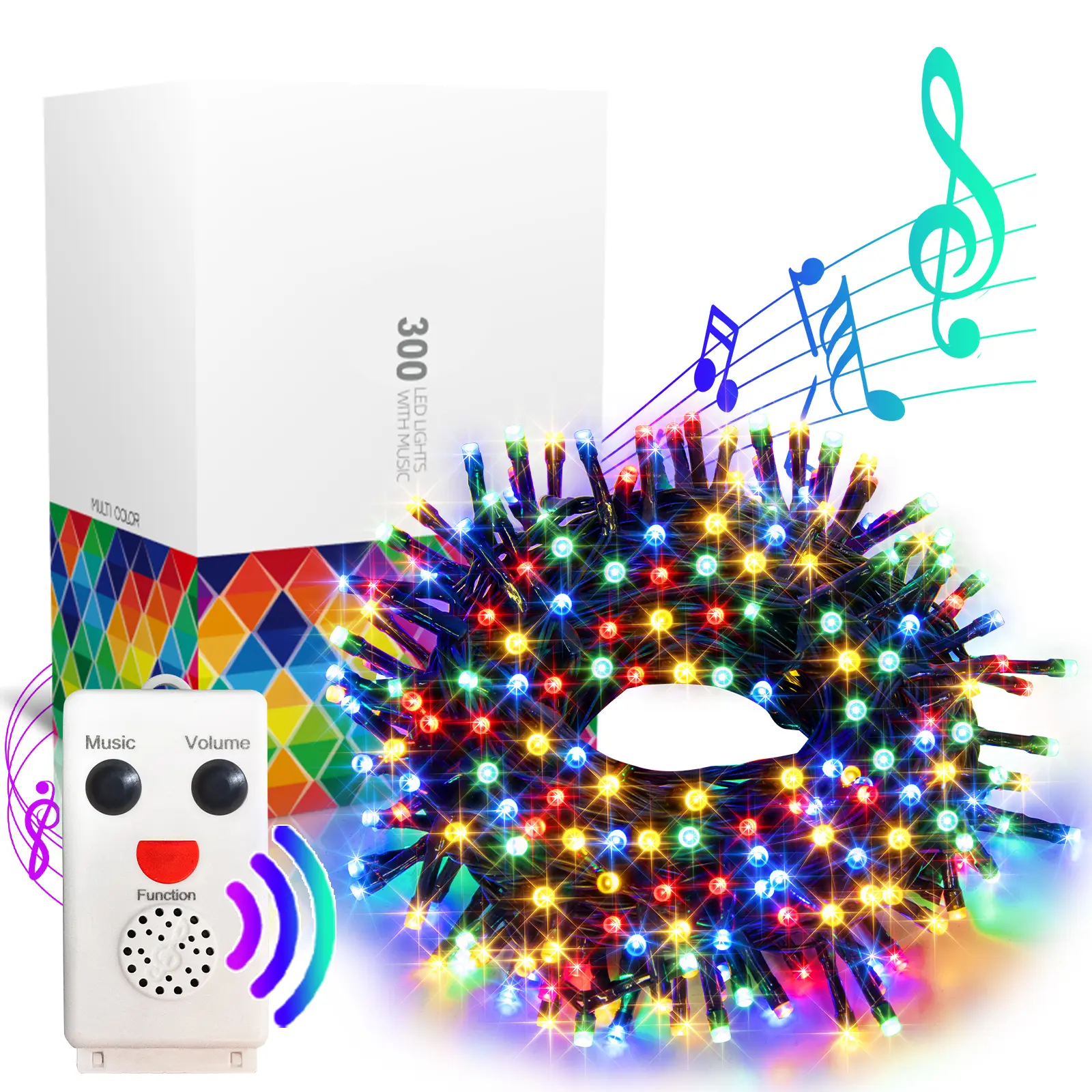 PEIDUO Christmas Outdoor Decorative Lights, 115Ft 300LT with Cheerful Music, Infrared Motion Sensor Controller, Multi-Color for Indoor Tree, Party Patio Decorations, Garden
