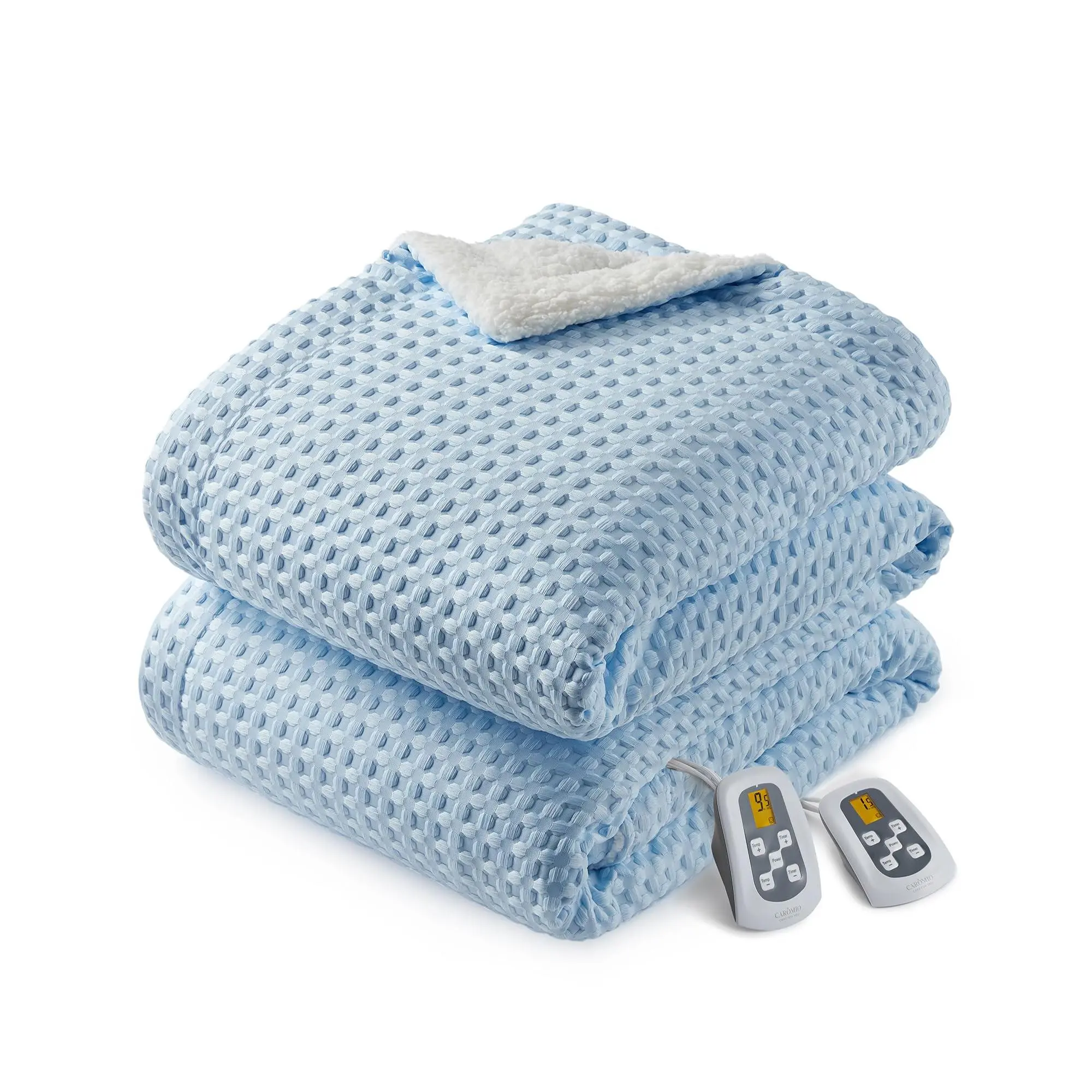 Velvet Warm King Size Home Waffle Weave Blanket - 100"x90" Light Blue, LCD Dual Controller, Fast Heating, 6 Heat Levels, 1-12H Scheduled Shutdown Timer, ETL Certified, Energy Efficient, Removable Controller for Gentle Machine Wash, Led Display, Heatable