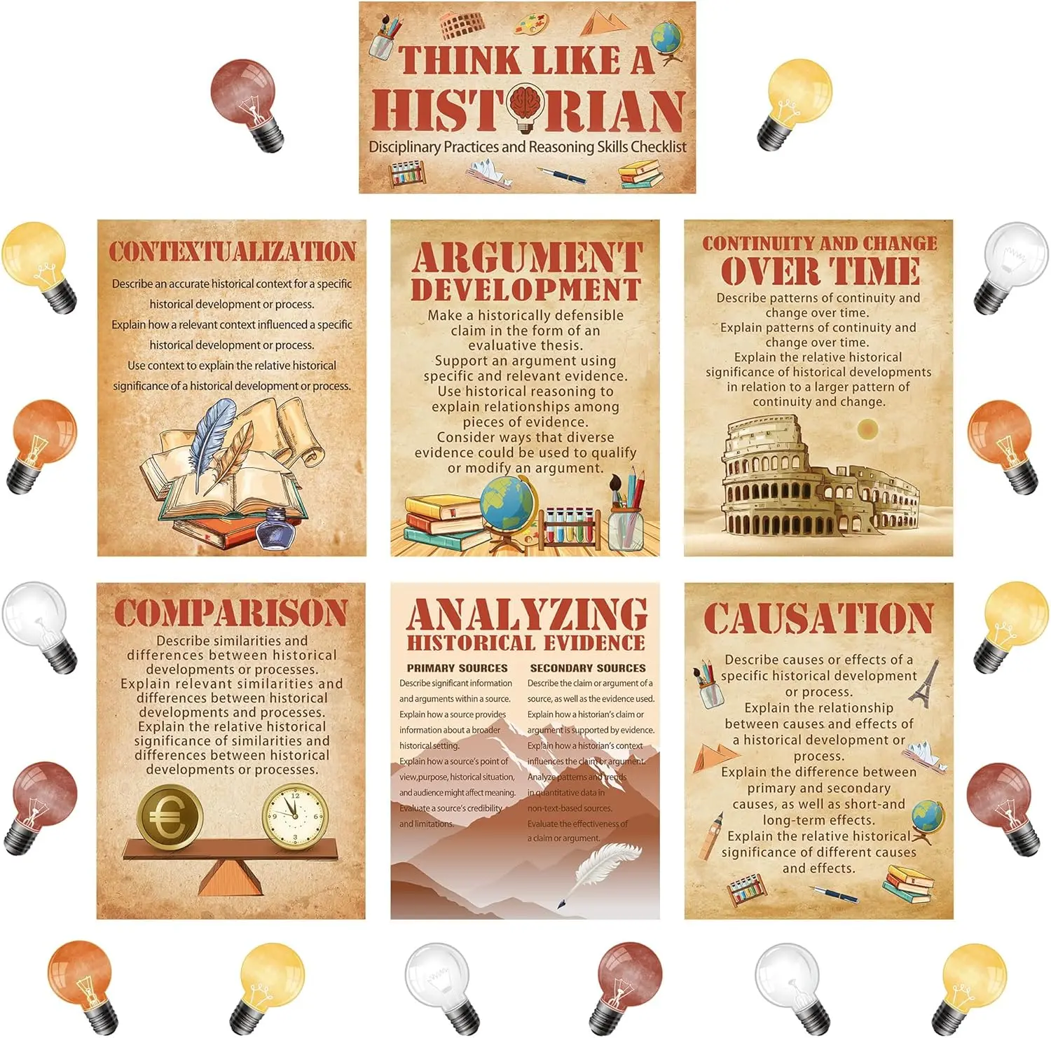 47 Pieces Thinking Poster Social Studies Bulletin Board Decoration with Light Bulb Cutouts Think Like a Historian Poster for Middle School High School Office Home Classroom Supplies (Vintage)