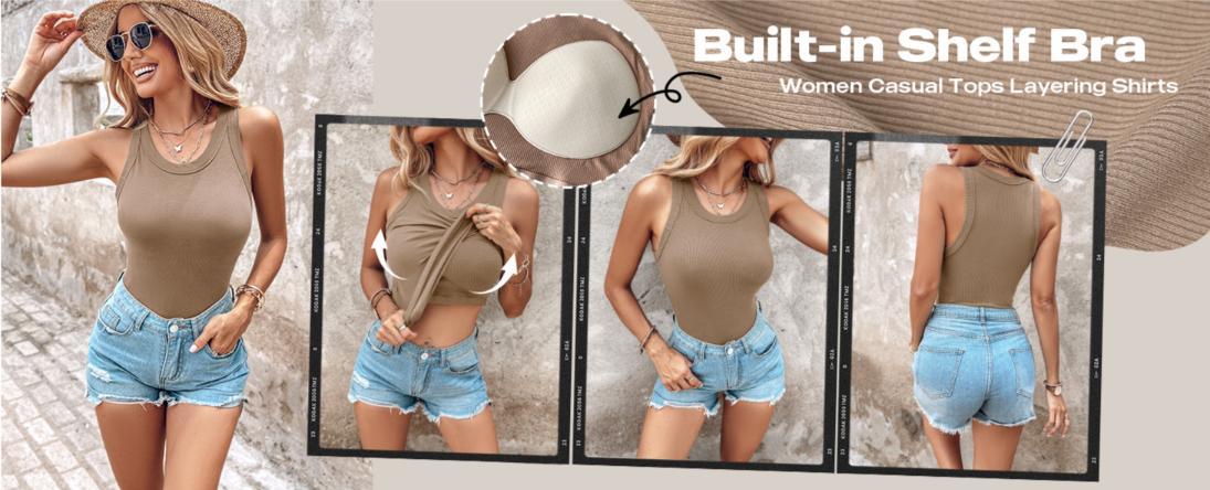 Chicme 2-Piece Ribbed Built-in Bra Tank Top Round Neck Ribbed Tank With Bra Pads Athletic Tank Tops for Women