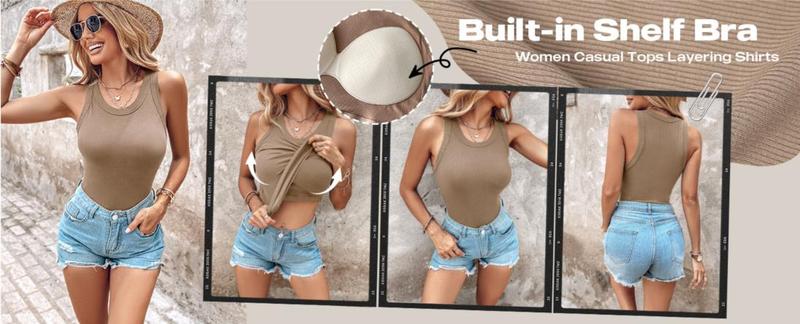 Chicme 2-Piece Ribbed Built-in Bra Tank Top Round Neck Ribbed Tank With Bra Pads Athletic Tank Tops for Women