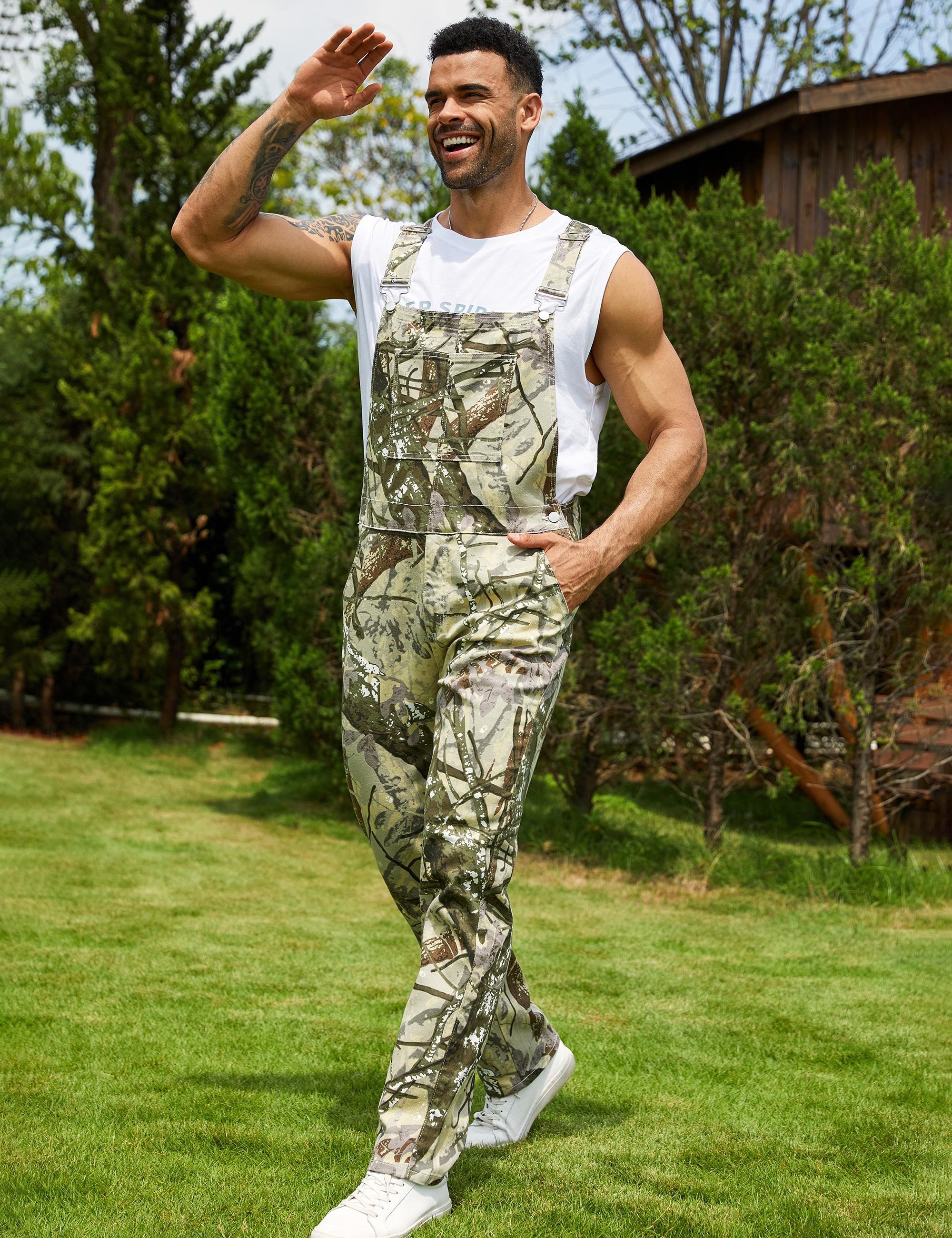 Yuanbang Men's Loose Pattern Adjustable Stretchy Overalls Fashion Camo Pattern Denim Bibs Coveralls Pockets Jumpsuit with Zipper Fall Winter Menswear Camouflage Redneck Party Outfit