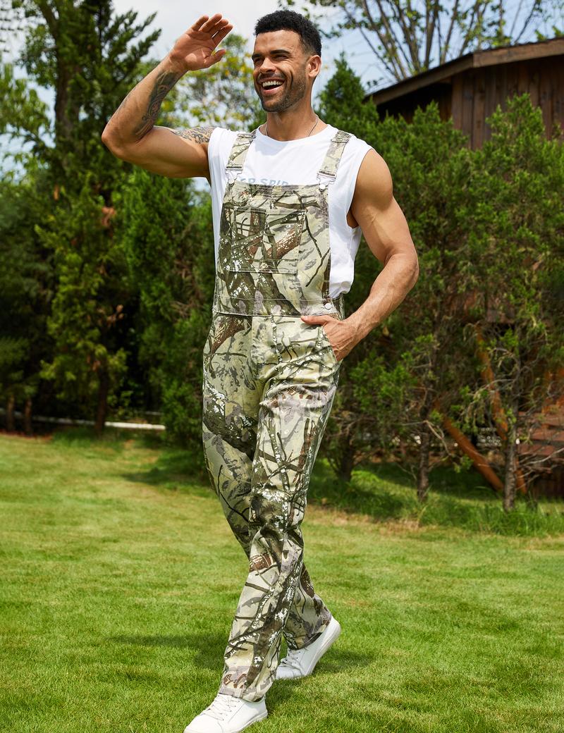 Yuanbang Men's Loose Pattern Adjustable Stretchy Overalls Fashion Camo Pattern Denim Bibs Coveralls Pockets Jumpsuit with Zipper Fall Winter Menswear Camouflage Redneck Party Outfit