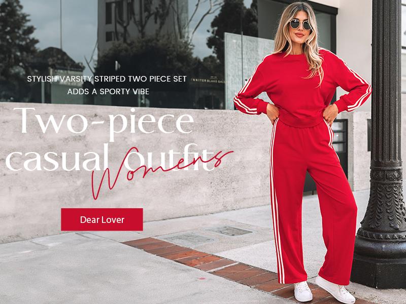 Dear-Lover Varsity Striped Detail Crewneck Pullover and Elastic Waist Loose Sweatpants Outfit, Colorblock Stripe 2Pcs Sweatsuit Casual Womenswear Sporty