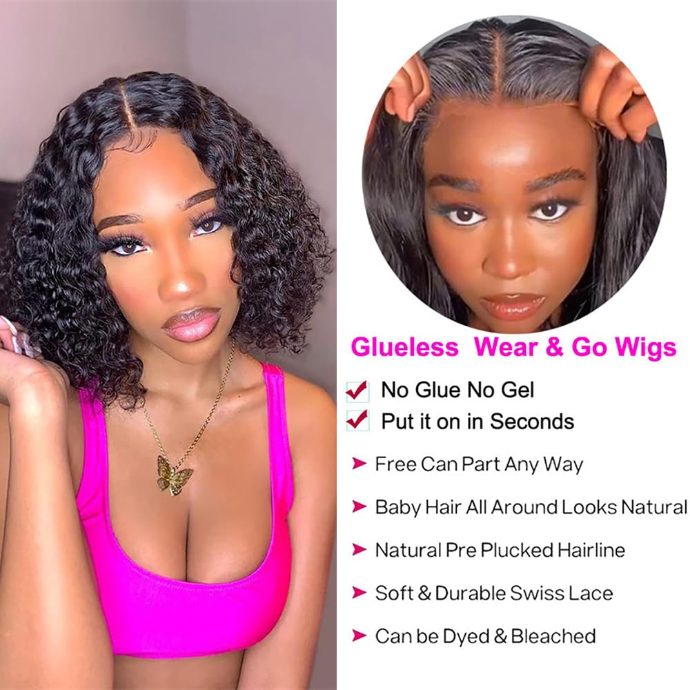 Water Wave Bob Wig Human Hair 13X4 Wear And Go Glueless Wigs Human Hair Pre Plucked Pre Cut Deep Wave Lace Front Closure Wigs For Black Women 200 Density Curly Wig Glueless Wear And Go Black 12 Inch