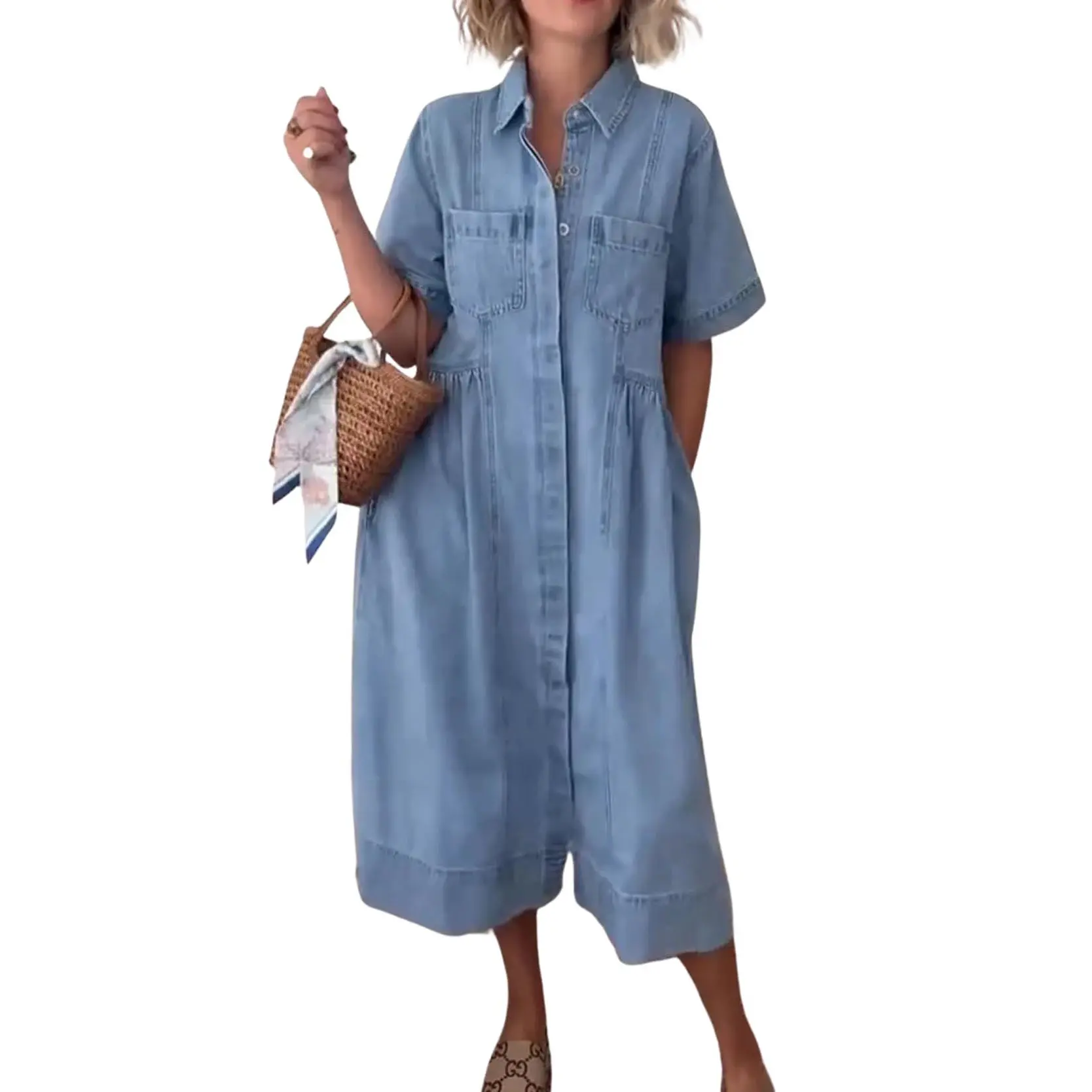Chouyatou Women’s Western Denim Shirt Dress Short Sleeve Midi Jean Dress Casual Business Dresses for Spring Summer