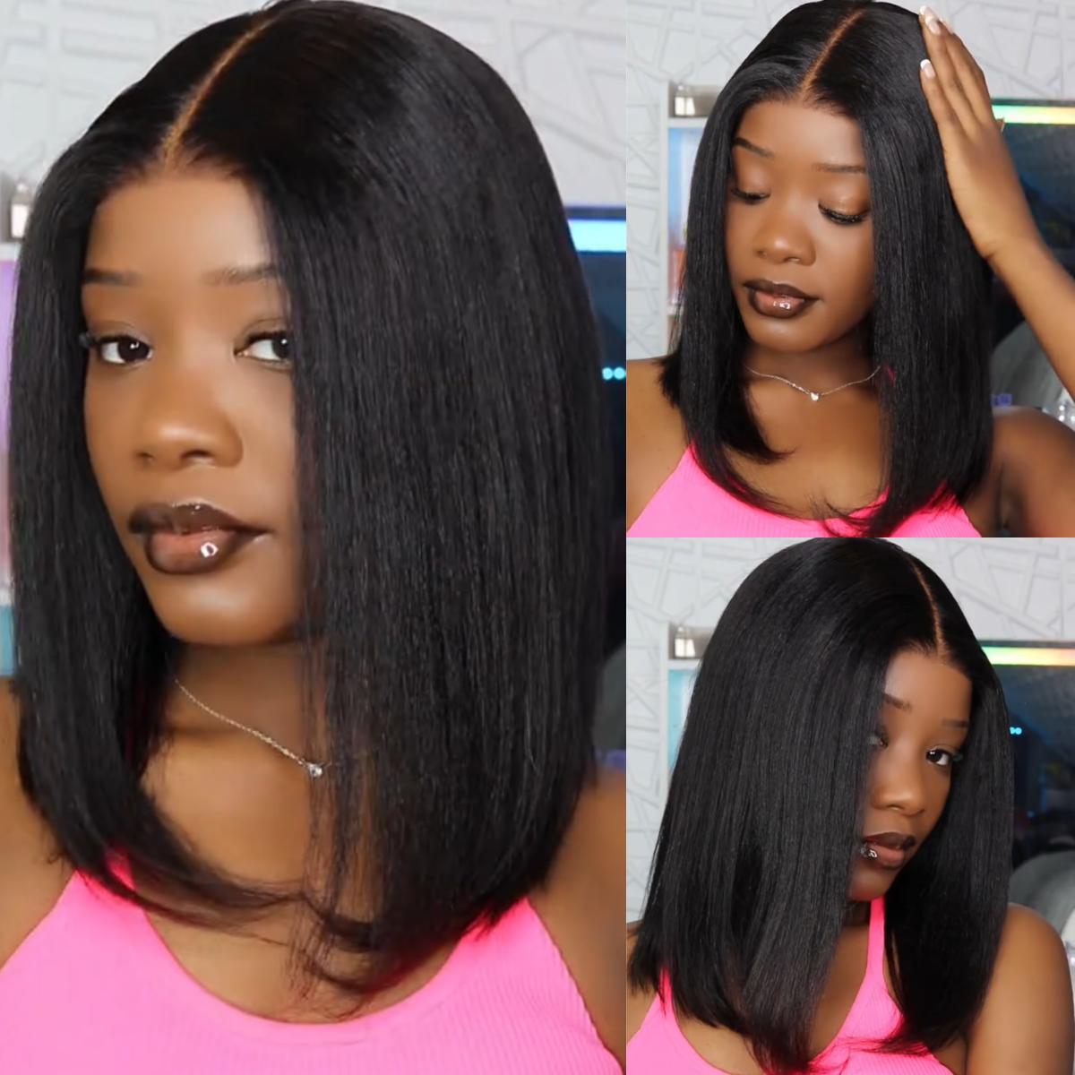 UNice Glueless Yaki Straight Short Bob Wig with Drawstring Pre-cut 7x5 HD Lace Human Hair Wigs with Bleached Knots Beginner Friendly Natural Hairline #TikTokShopStockUp #greenish