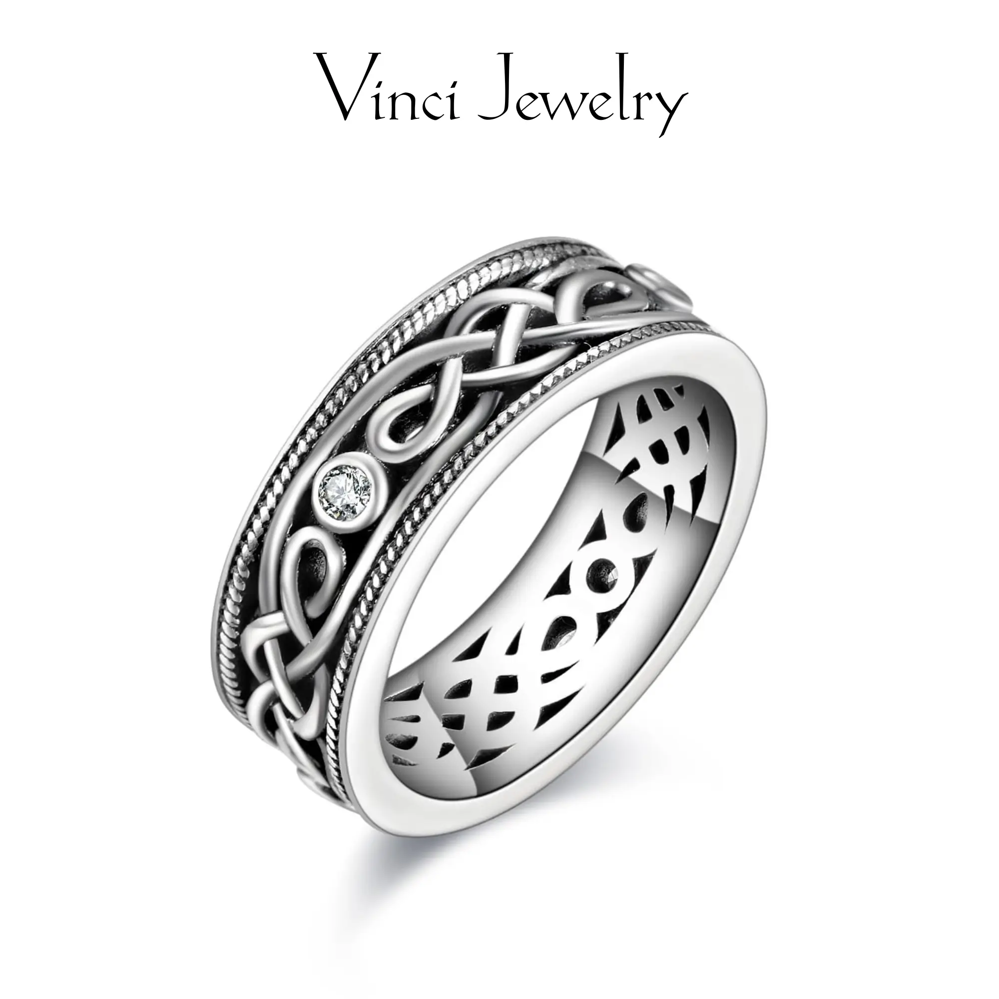 925 Sterling Silver Unisex Celtic Knot Ring, Vintage Tone 5A Cubic Zirconia Inlayed Band Infinity Ring for Men Women Unique Rings