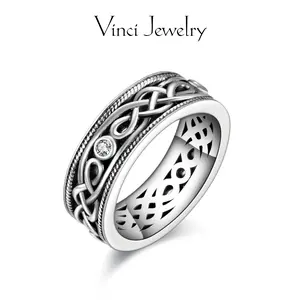 925 Sterling Silver Unisex Celtic Knot Ring, Vintage Tone 5A Cubic Zirconia Inlayed Band Infinity Ring for Men Women