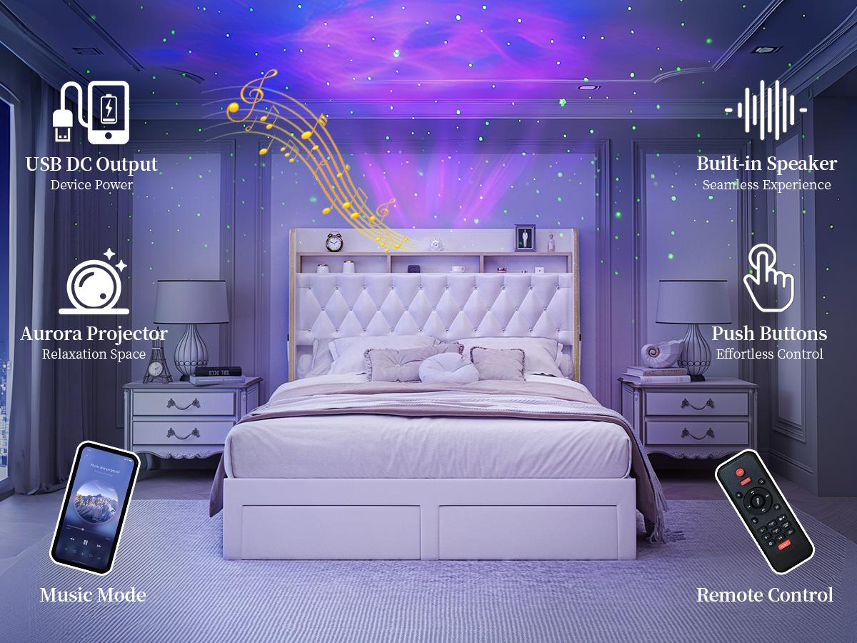 Queen LED Bed Frame with Storage Drawers Upholstered Platform Bed Galaxy Star Projector Charging Station Speaker Aurora Bedframe 2-Tier Storage Headboard Noise-Free PU Leather Velvet Funky Bedroom Furniture